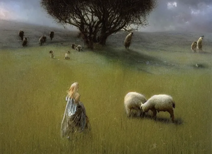 Image similar to shepherdess grazes sheep on a green meadow by Luis Royo and Beksinski