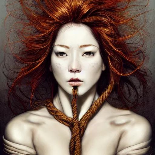 Prompt: portrait of a Shibari rope wrapped face and neck, headshot, insanely nice professional hair style, dramatic hair color, digital painting, of a old 13th century, traveler, amber jewels, baroque, ornate clothing, scifi, realistic, hyper detailed, chiaroscuro, concept art, art by Franz Hals and Jon Foster and Ayami Kojima and Amano and Karol Bak,