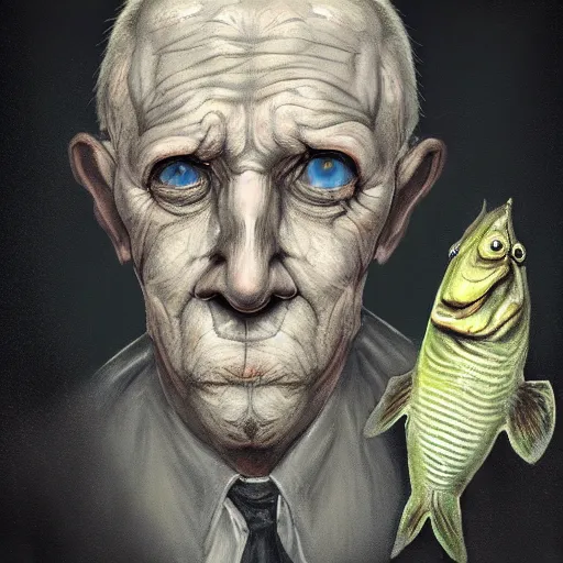 Image similar to eerie portrait of creepy pale old man with fish like facial features, painted, trending on art station, love craftian, dark lighting