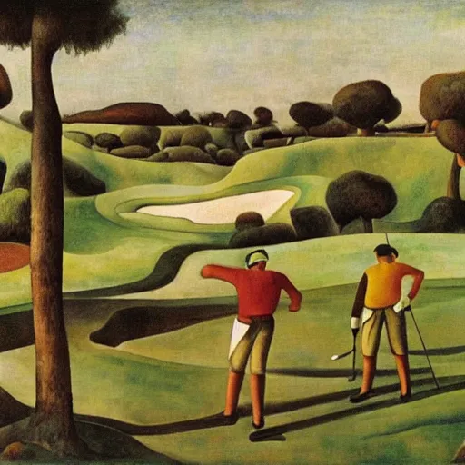 Image similar to Three golfers on a beautiful golf course, by Diego Rivera