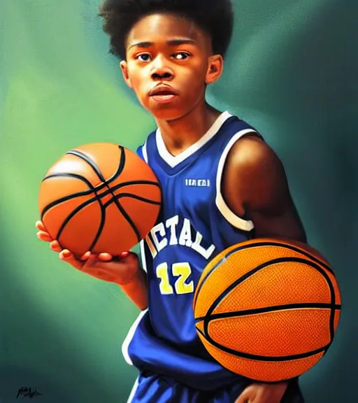 Image similar to portrait of a boy at a basketball court playing basketball wearing a basketball uniform in a basketball court standing near the basketball hoop, painted in 2040, intense emotion, detailed facial expression, detailed surroundings, intricate, elegant, highly detailed, centered, digital painting, artstation, concept art, smooth, sharp focus, illustration, by (Peter Mohrbacher), WLOP