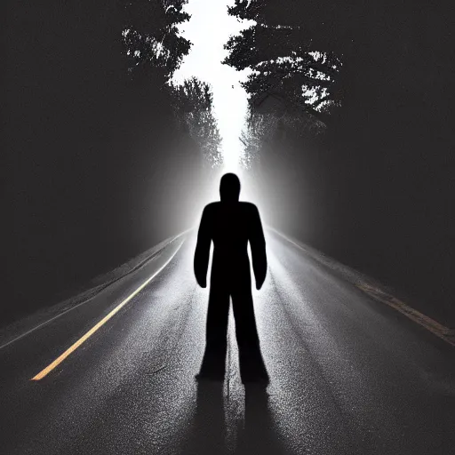Image similar to a barely visible creepy figure standing in the middle of the road at night, found footage, dark, scary