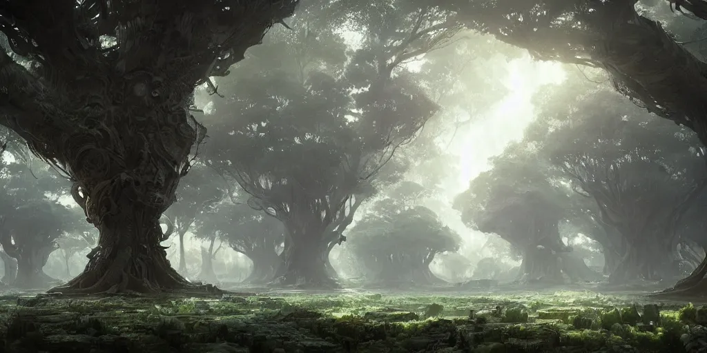 Prompt: a vast ancient tree city, greg rutkowski, 8 k, shallow depth of field, intricate detail, concept art,