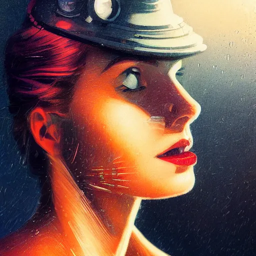 Image similar to detailed face of a woman, clockwork, moment, tectonic sky, skydome, bullet train, turbines, utopian, tech noir, wet reflections, prism, atmospheric, ambient, pj crook, syd mead, livia prima, greg rutkowski, edward hopper