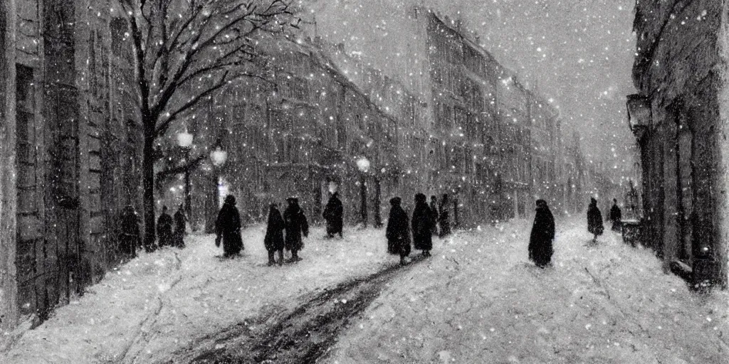 Prompt: an alley in paris in winter, snowing, christmas night, 1 9 1 0
