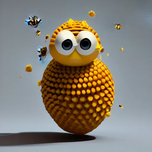 Prompt: 3d render pixar cartoon honey bee with an afro inside of a honeycomb dripping with honey hd octane render