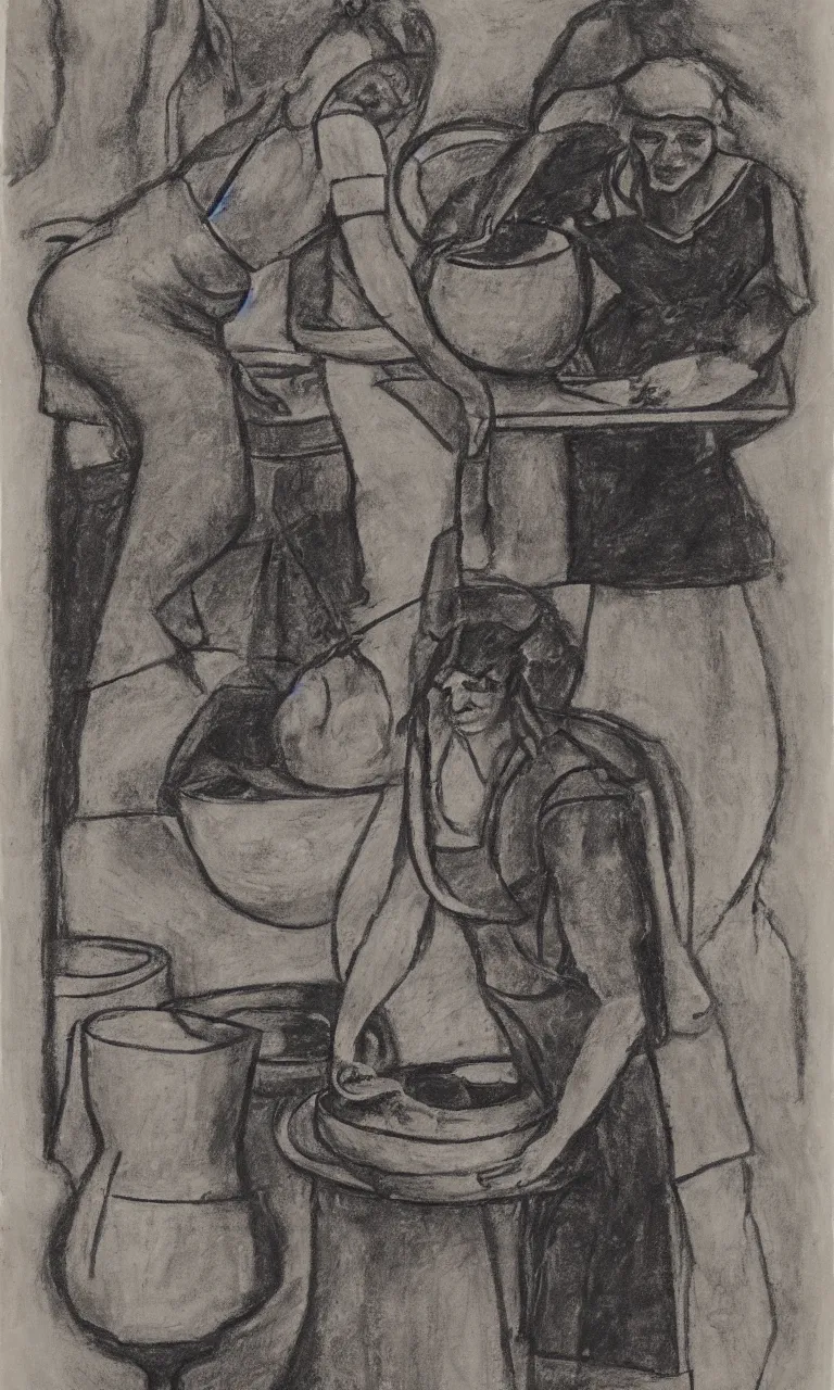 Image similar to abstract charcoal drawing of a woman at a pottery wheel making vases