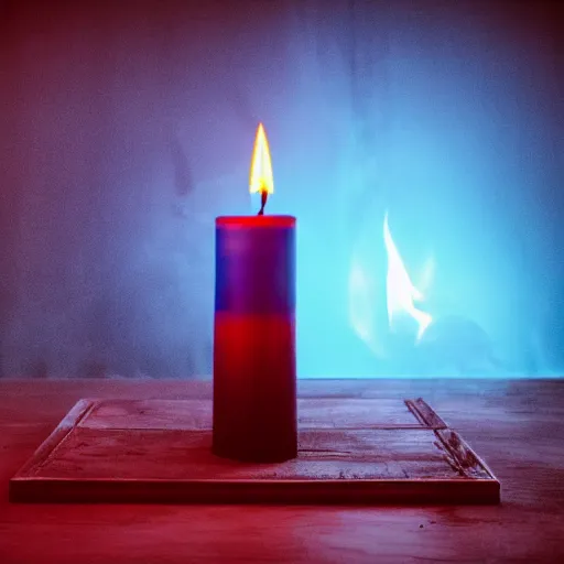 Prompt: large tall tapered red candle with a bright blue flame sitting on a black reflective table blurry background of gothic styled room, photorealistic, photograph, gloom, mist, smoke, fire, 3 quarter perspective, wide angle