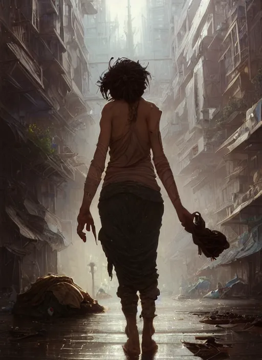 Image similar to Highly detailed portrait of homeless and beaten up Gal Gadot, Stephen Bliss, unreal engine, fantasy art by Greg Rutkowski, Loish, Rhads, ferdinand knab, Makoto Shinkai and Lois van baarle, ilya kuvshinov, rossdraws, Tom Bagshaw, alphonse mucha, global illumination, radiant light, detailed and intricate environment