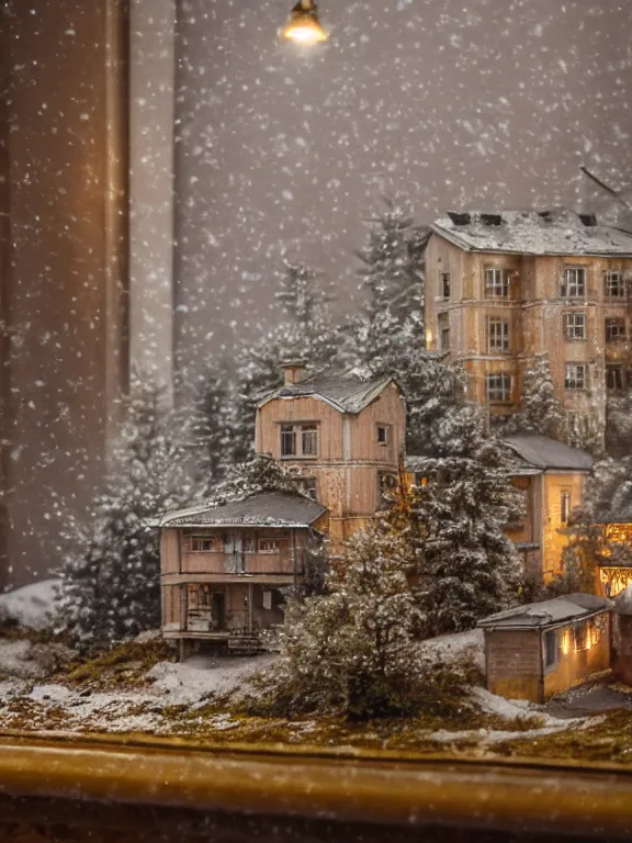 Prompt: very intricately detailed miniature diorama a soviet residential paneled building in soviet suburb, lights are on in the windows, dark night, soviet courtyard, cozy and peaceful atmosphere, fog, cold winter, snowing, streetlamps with orange light, several birches nearby, elderly man passing by, macro photography