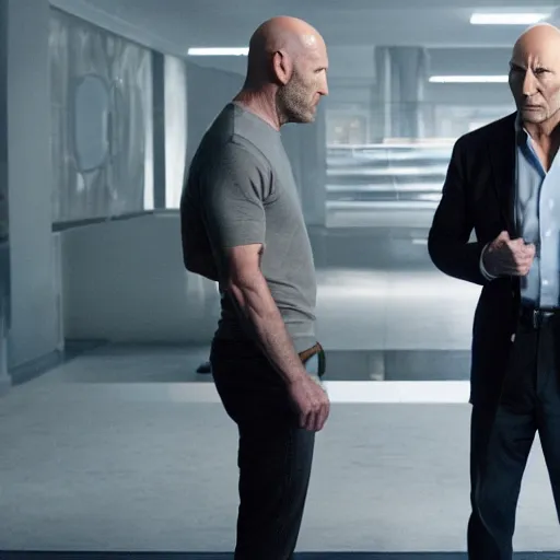 Image similar to film still, patrick stewart facing off against jason statham in a new netflix sci - fi action movie, wide shot