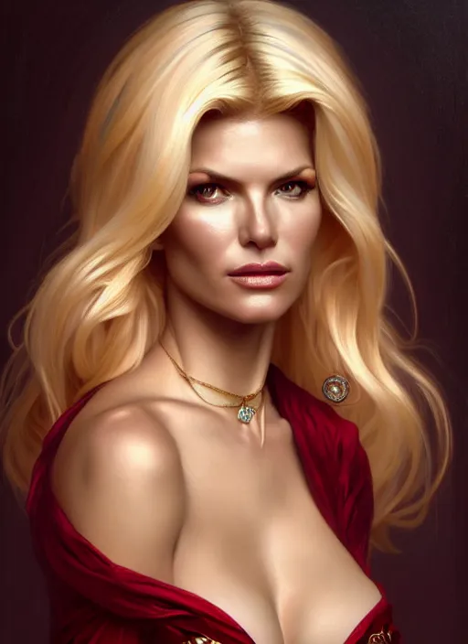 Image similar to portrait of victoria silvstedt as a sultry lady, collar, jewelry, greek, ruby, intricate, headshot, highly detailed, digital painting, artstation, concept art, sharp focus, cinematic lighting, illustration, art by artgerm and greg rutkowski, alphonse mucha, cgsociety