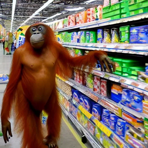Image similar to orangutang shopping in walmart, photorealistic, coherent, detailed