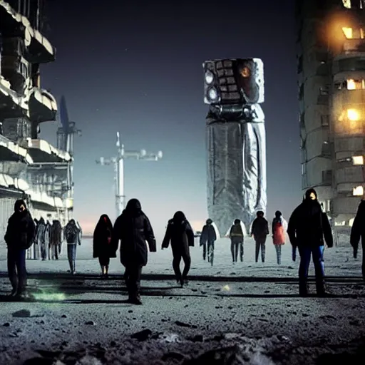 Image similar to photo of citizens that walk past plasma vehicles, on the Moon, long shadows, in a Russian cyberpunk city called Neo Norilsk on the Moon, pitch black sky with stunning bright stars, bright sun, diverse outfits, lively, freaky, black sky full of stars, blinding bright sun, sci-fi, lots of flying cars, levitation, cyberpunk outfits, photorealistic, grainy, 35mm, intricate, very very beautiful, elegant, smooth, cinematic, Unreal Engine 5, by Beeple, trending on Artstation HD