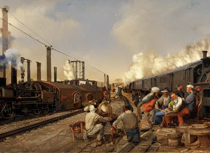 Image similar to detailed painting of oblivious to the danger, workers sitting on the railroad tracks drink wine and have fun against the backdrop of a steam locomotive approaching right at them by ivan aivazovski