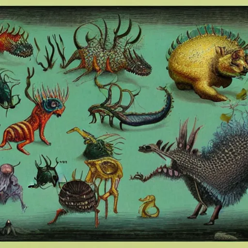 Prompt: bizarre bestiary of microcosmic creatures