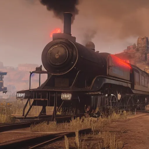 Image similar to futuristic sleek steam locomotive in red dead redemption 2