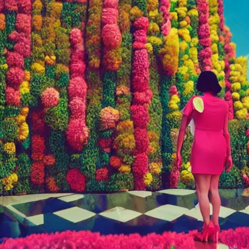 Image similar to giant flower head, full body, girl standing in mid century hotel, surreal, symmetry, bright colors, cinematic, wes anderson