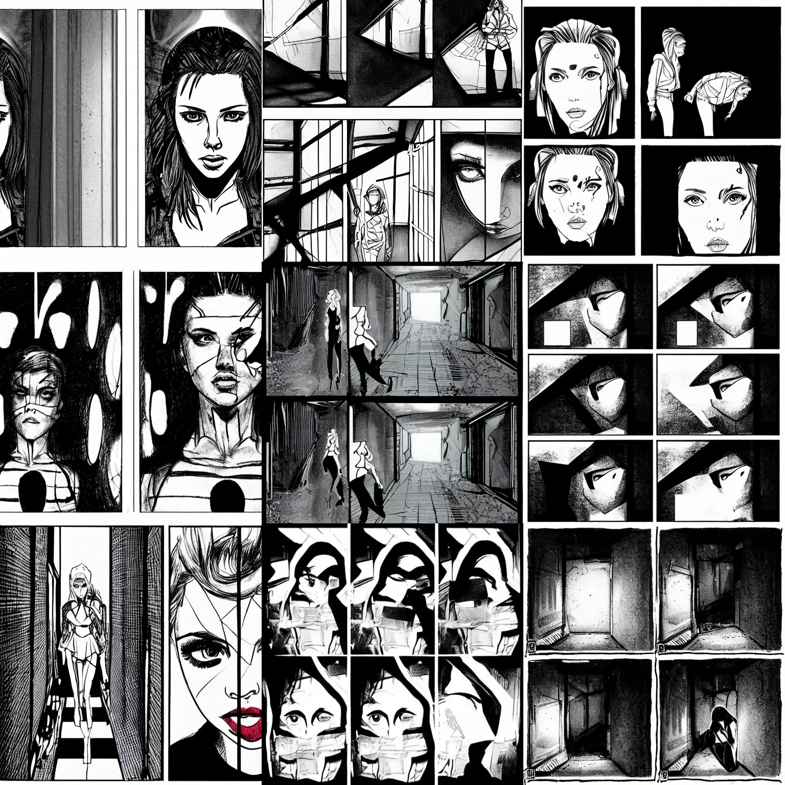 Prompt: scarlett johansson wearing half face mask, searching an derelict dark hallway of a abandoned spaceship with a flashlight, black and white, pencil and ink manga 3 panels showing different angles of same scene