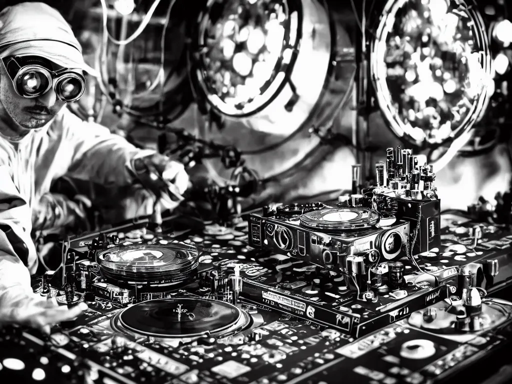 Image similar to a person wearing goggles and visor and headphones using a steampunk record player contraption, wires and tubes, turntablism dj scratching, intricate planetary gears, cinematic, imax, sharp focus, leds, bokeh, iridescent, black light, fog machine, hazy, lasers, hyper color digital art