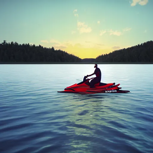 Prompt: a man wearing a lifejacket riding a jetski on a lake, sunset, rendered in octane