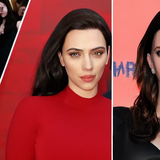 Image similar to a woman who is a genetic combination of kim kardashian and kat dennings and scarlett johansson and margot robbie and emma watson, face and upper - body focus, detailed eyes