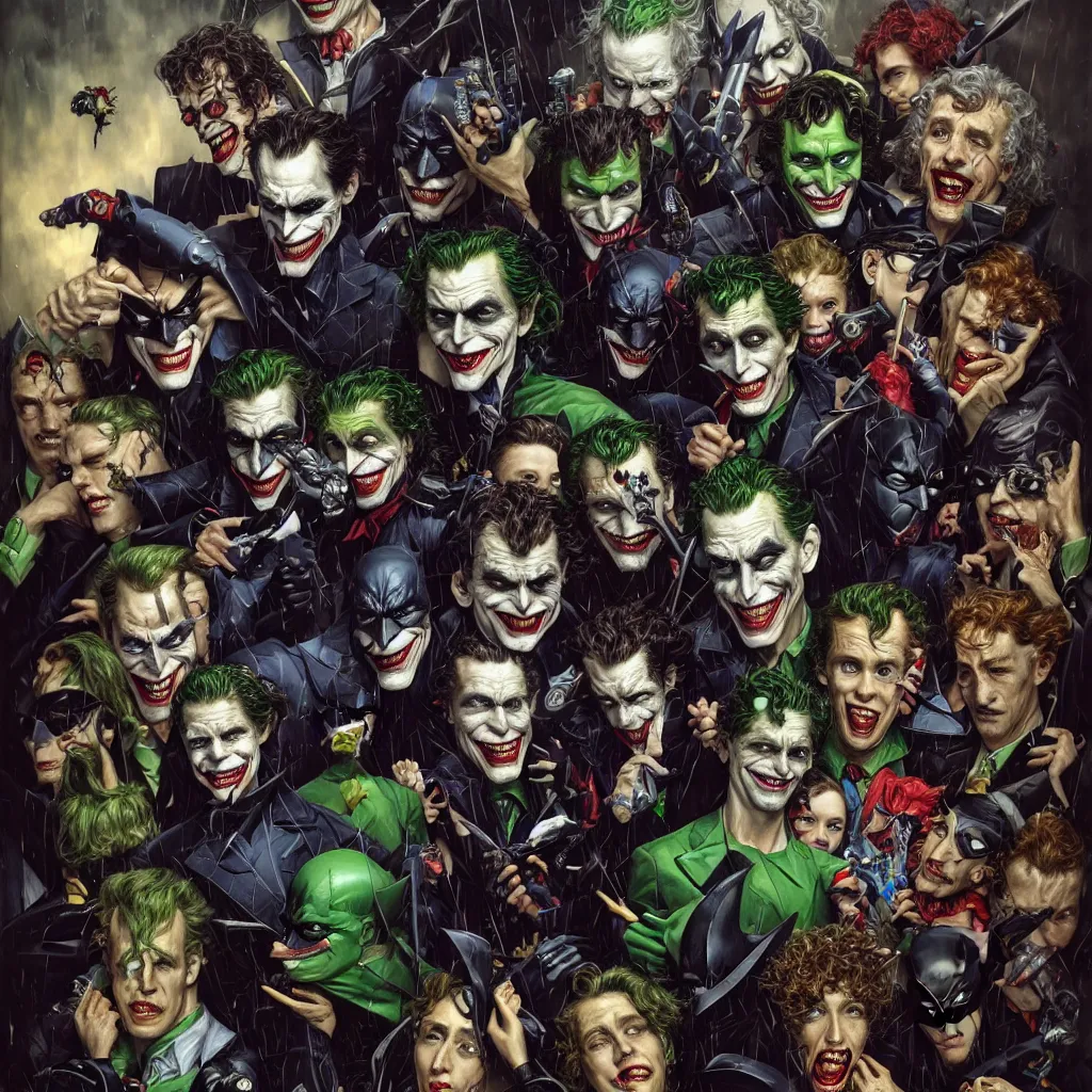 Image similar to a portrait of batman standing with the joker, robin, the riddler, the scarecrow, twoface, and the batmobile by karol bak, james jean, tom bagshaw, rococo, sharp focus, trending on artstation, cinematic lighting, hyper realism, octane render, 8 k, hyper detailed, vivid, ultra detailed, highly detailed