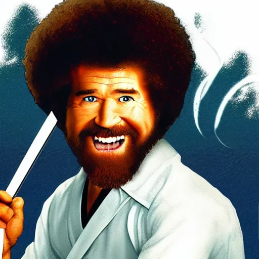 Image similar to bob ross fighting ninjas and screaming