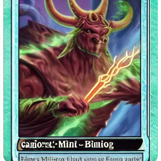 Image similar to mint condition flavortext summon creature banding magic the gathering rare card card mtg Minotaur wearing Denim Jeans MTG Card