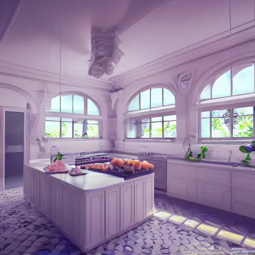 Image similar to vaporwave kitchen, liminal space, high detail, rendered in unreal engine, 3d render, god rays, volumetric lighting, mansion, interior, large windows, rich house