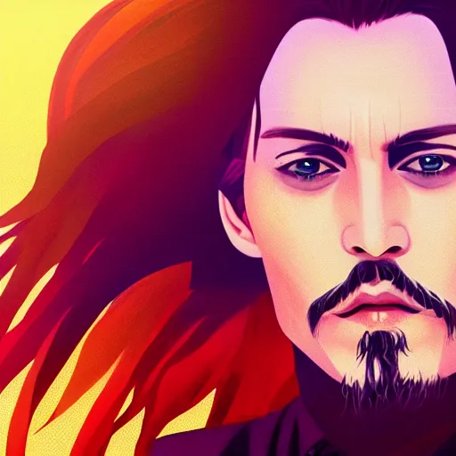 Image similar to portrait of Johnny depp, sunset background, rich vivid colors, ambient lighting, dynamic lighting, 4k, official media, anime key visual, makoto shinkai, ilya kuvshinov, lois van baarle, rossdraws, detailed, trending on artstation