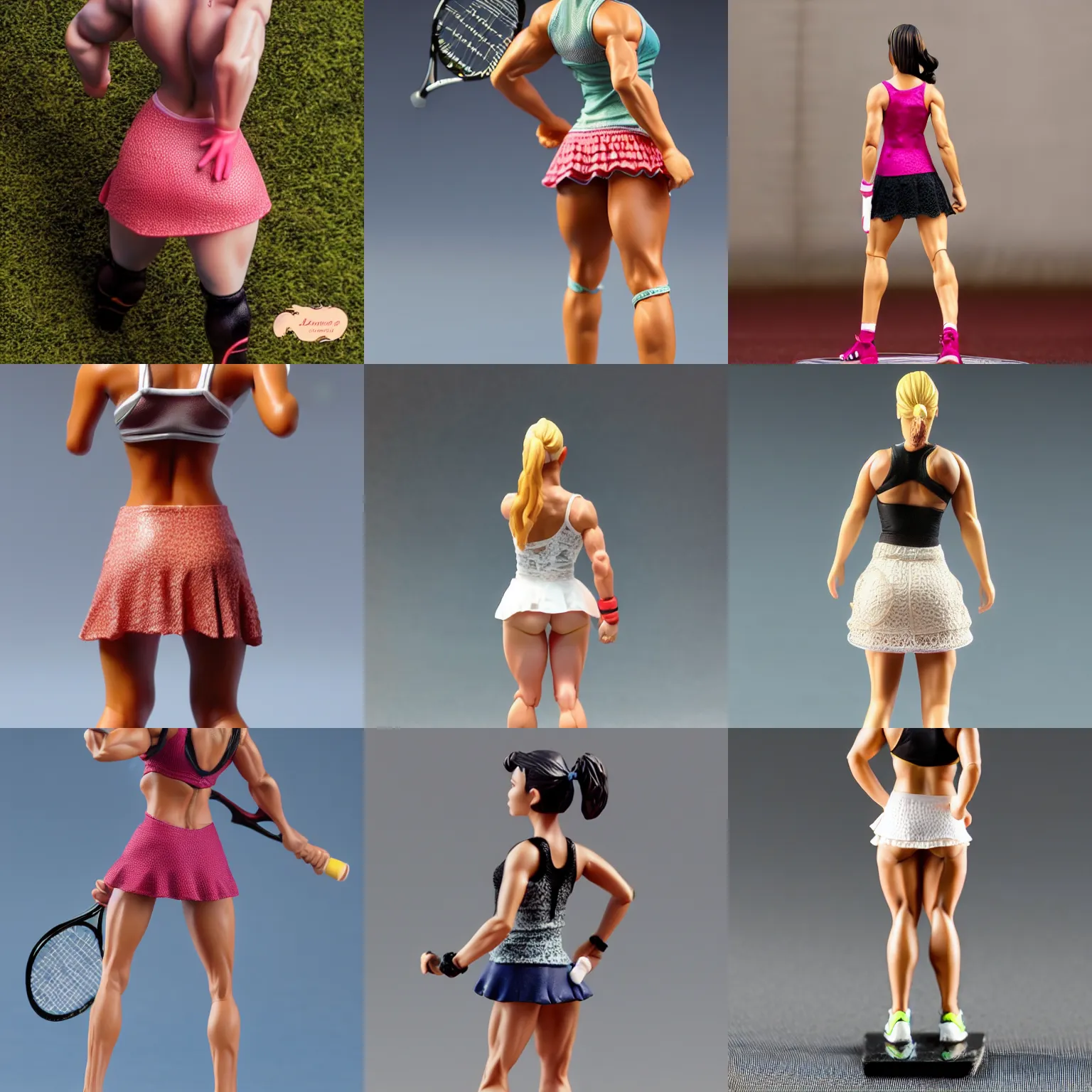 Prompt: 80mm resin model figure of a very muscular woman in detailed sleeveless tennis wear, mini-skirt, lace fabric ; Miniature product Photo, 4K, Full body, view from behind