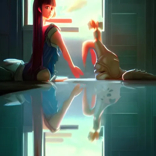 Image similar to very small little girl by ross tran : : reaching into their reflection in the mirror by sana takeda : : rtx reflections, very high intricate details, digital anime art by artgerm, medium shot, mid - shot, composition by ilya kuvshinov, lighting by greg rutkowski