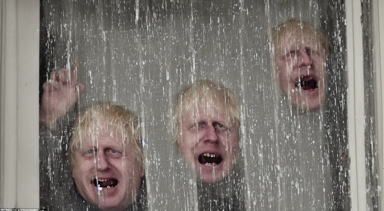 Prompt: a zoomed out photo taken from the inside of an old house, showing window blinds being pulled back to reveal a terrifying boris johnson his unhinged face pressed against the window and his bloody hands placed on the window, horrifying grin. horror, raining, night time