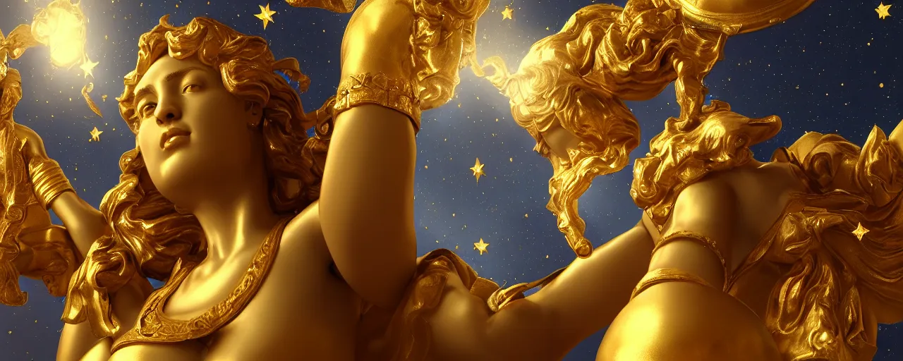 Image similar to saint woman, venus, athena, beautiful, gracious, baroque marble and gold, space, sistina, stars, puffy clouds, tilt shift, 3 d style light refraction, light reflection, real texture effect, extremely detailed, avantgarde, render, artstation