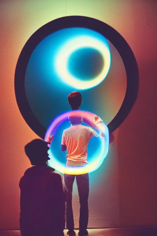 Image similar to kodak ultramax 4 0 0 photograph of a skinny guy looking into a bright otherworldly swirling glowing portal, back view, vaporwave colors, grain, moody lighting, moody aesthetic,