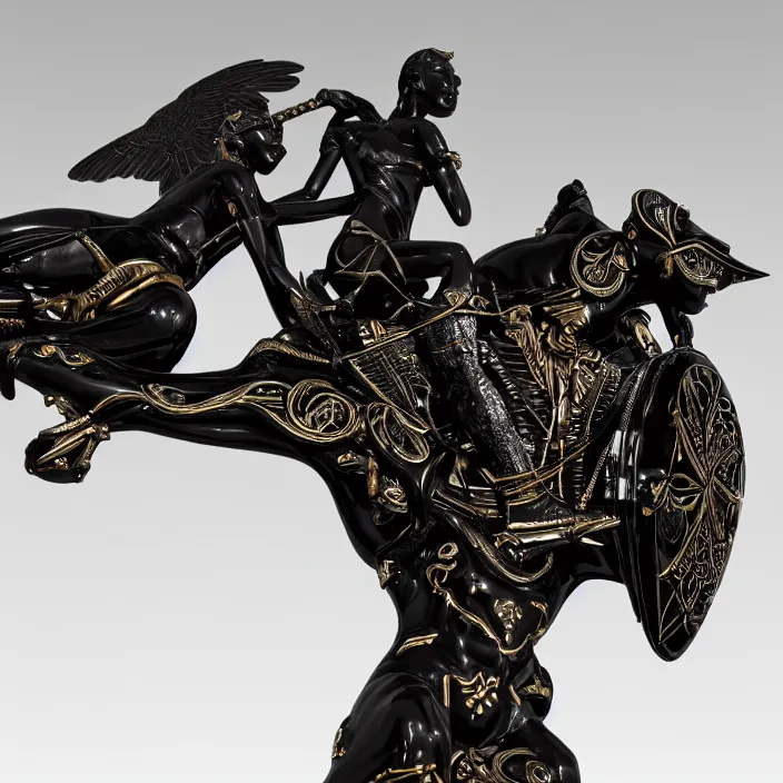 Image similar to fine art statue of black egyptian god on a surrealist motorbike, ebony art deco, carved black marble, inlaid with ebony and gold accents, ebony rococo, wings black lace wear, sculpted by spider zero, zaha hadid, beautifully lit, hyper detailed, intricate, elite, ornate, photorealistic, micro details, 3 d sculpture, ray trace