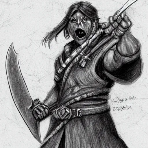 Prompt: dnd, pathfinder, raging bugbear, brandishing chainsword, character concept art, pencil drawing, sketch, profile view, character design