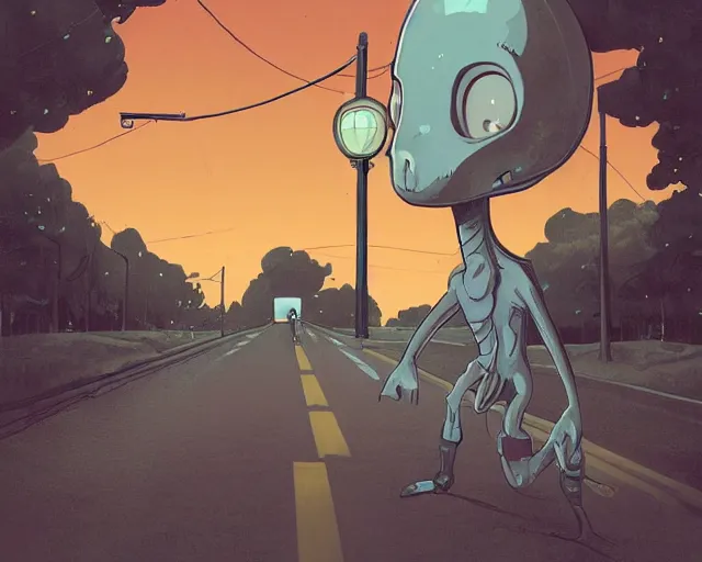 Prompt: a study of cell shaded cartoon of a Grey alien on a country road, street lamps, road, illustration, wide shot, subtle colors, post grunge, concept art by josan gonzales and wlop, by james jean, Victo ngai, David Rubín, Mike Mignola, Laurie Greasley, highly detailed, sharp focus, alien, Trending on Artstation, HQ, deviantart, art by artgem