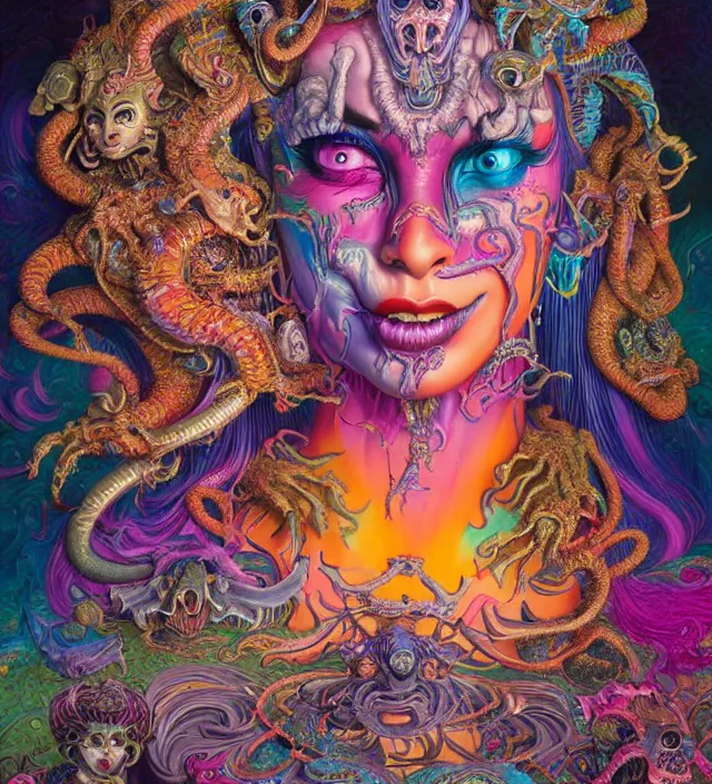 Image similar to lisa frank blotter acid fantasy character portrait of kali ma, ultra realistic, wide angle, intricate details, dharma artifacts, aum, highly detailed by hr giger, peter mohrbacher, wayne barlowe, boris vallejo, hajime sorayama aaron horkey, gaston bussiere, craig mullins