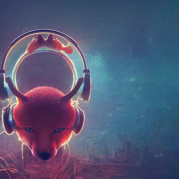 Image similar to fox with headphones, HD, 4K, intricate abstract. intricate artwork. by Tooth Wu, wlop, beeple, dan mumford, octane render, trending on artstation, greg rutkowski very coherent symmetrical artwork. cinematic, hyper realism, high detail, octane render, 8k, iridescent accents