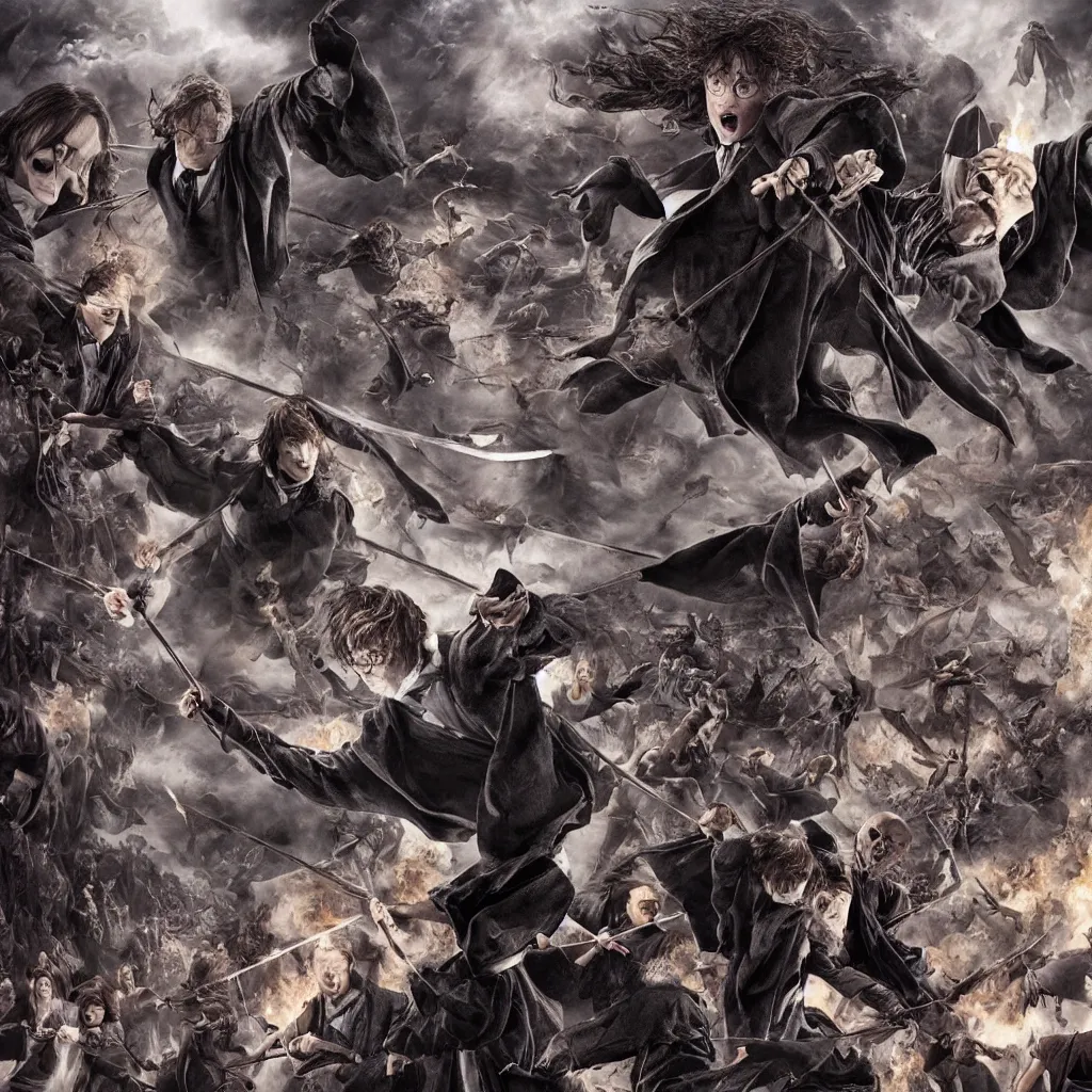 Image similar to The photo of Harry Potter joining the Voldemort and attacking Hogwarts. Highly detailed picture, movie scene, dark scene.