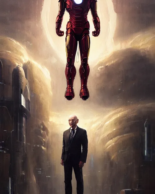 Image similar to a highly detailed portrait of Sir Patrick Stewart as Iron Man, heroic pose, by greg rutkowski and android jones in a surreal portrait style, oil on canvas, ancient cyberpunk 8k resolution, masterpiece