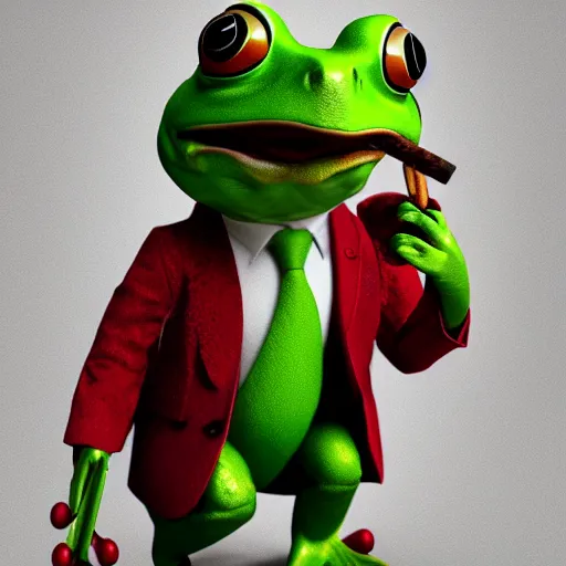 Image similar to a high quality photo of an antropomorphic frog wearing a suit smoking a cigar, 3d scene, render, ultra realistic, artstation, cgsociety