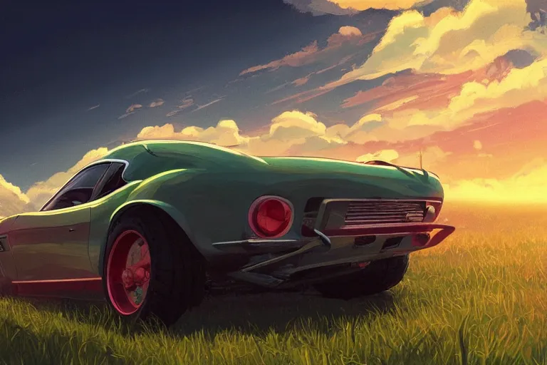 Prompt: hyperdetailed thunderhead, grassy plain, sunset, hyperdetailed 1 9 6 7 ferrari, smooth, digital painting, artstation, by lois van baarle, studio ghibli, alejandro burdisio