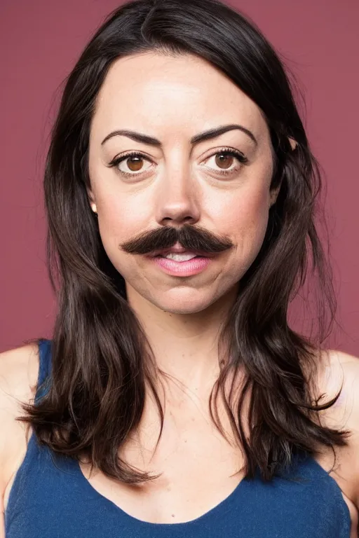 Image similar to photo of Aubrey Plaza with Ron Swanson moustache, portrait, 3/4 view, Refined, Detailed professional photo, 50mm lens, Canon eos, blurry distant background, Highly Detailed, Cinematic Lighting, 8k