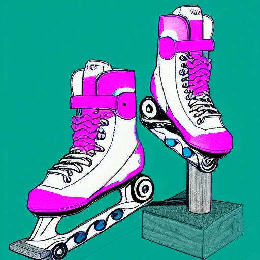 Image similar to a drawing of a pair of white retro! roller skates with dragon embroidery and cyan wheels on a pedestal!! in an empty white room, trending on artstation, carpenter brut, synthwave, pink lightning, neon!! light