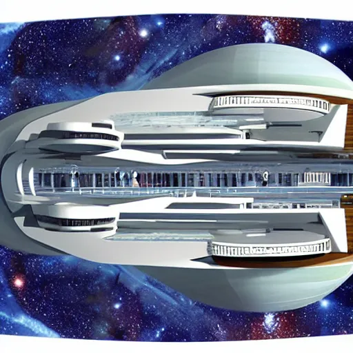 Prompt: this was my prompt a giant luxury cruiseliner spaceship, shaped like a yacht, with a glass hull and ceiling and see - through exterior, hull is a opera house, aerial view of opera house on spaceship, floating in outer space, galaxies and stars in background, asteroid belt in distance, well lit, 8 k, futuristic, high detail, vibrant colors, digital art