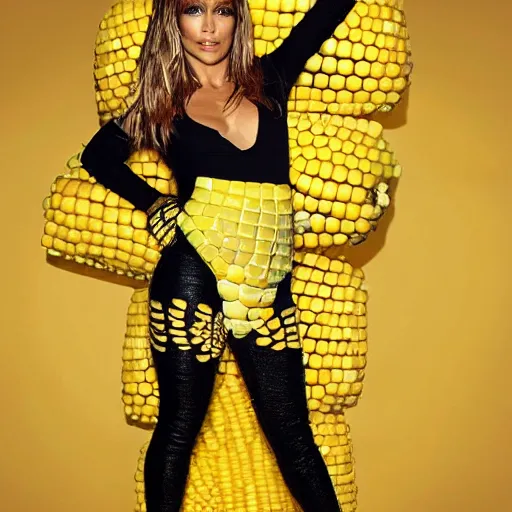 Image similar to full body photo of jennifer lopez, she is wearing a funny kid's hallowen costume of corn on a cob, studio lighting, corn on a cob everywhere