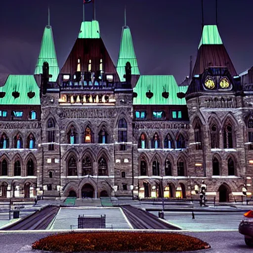 Prompt: Canadian Parliament building in Ottawa if it was cyberpunk, photorealistic